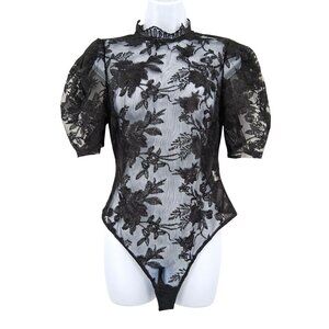 Iris Black Lace Sheer Floral Bodysuit With Puff Sleeves Size Medium High Neck